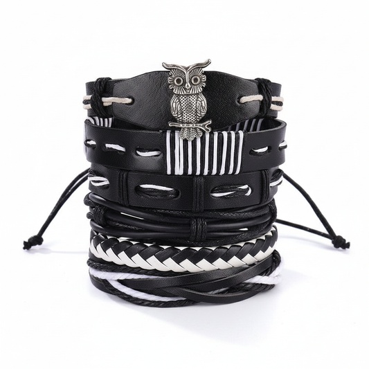 Black & White Owl Leather Bracelet Set – White Background