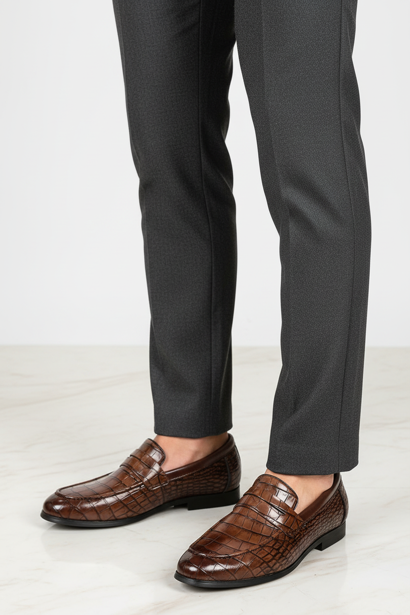 Brown Croc Loafer – Lifestyle Worn Shot, No Tassel