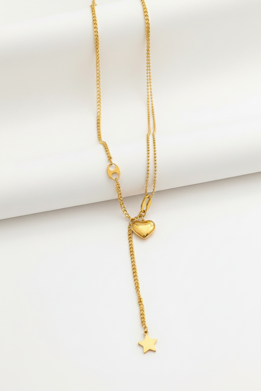 Double Layer Heart & Star Necklace – Straight Upright