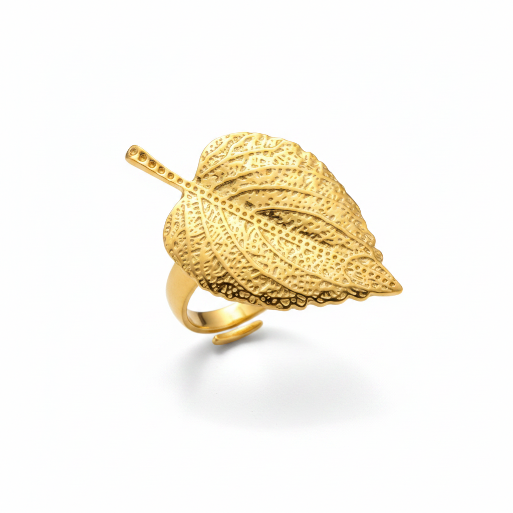 Gold Botanical Leaf Ring – Pure White Background