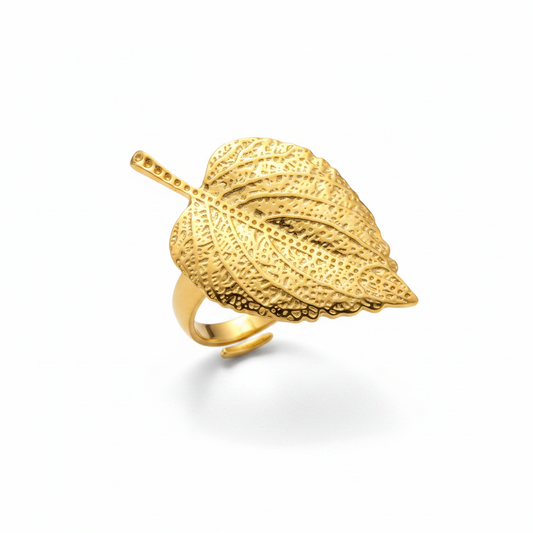 Gold Botanical Leaf Ring – Pure White Background