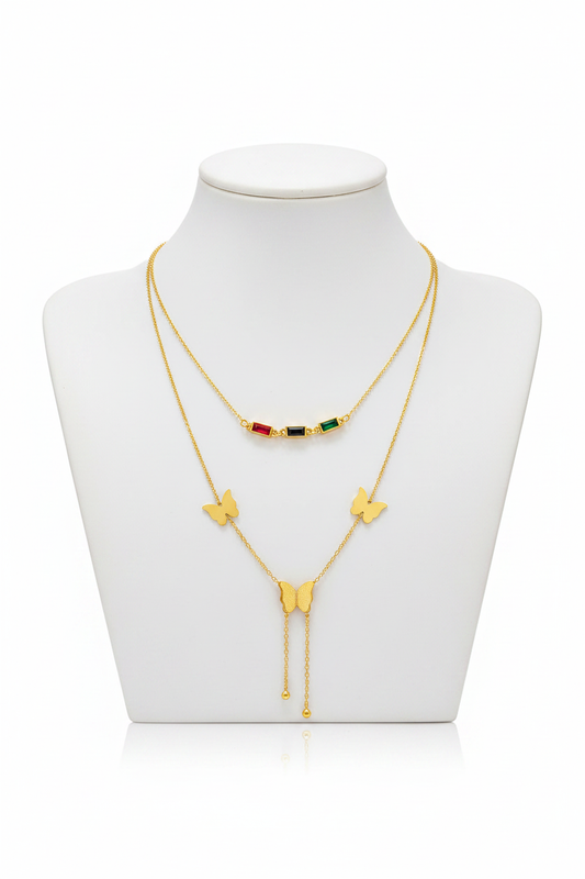 Gold Butterfly Layered Necklace Set