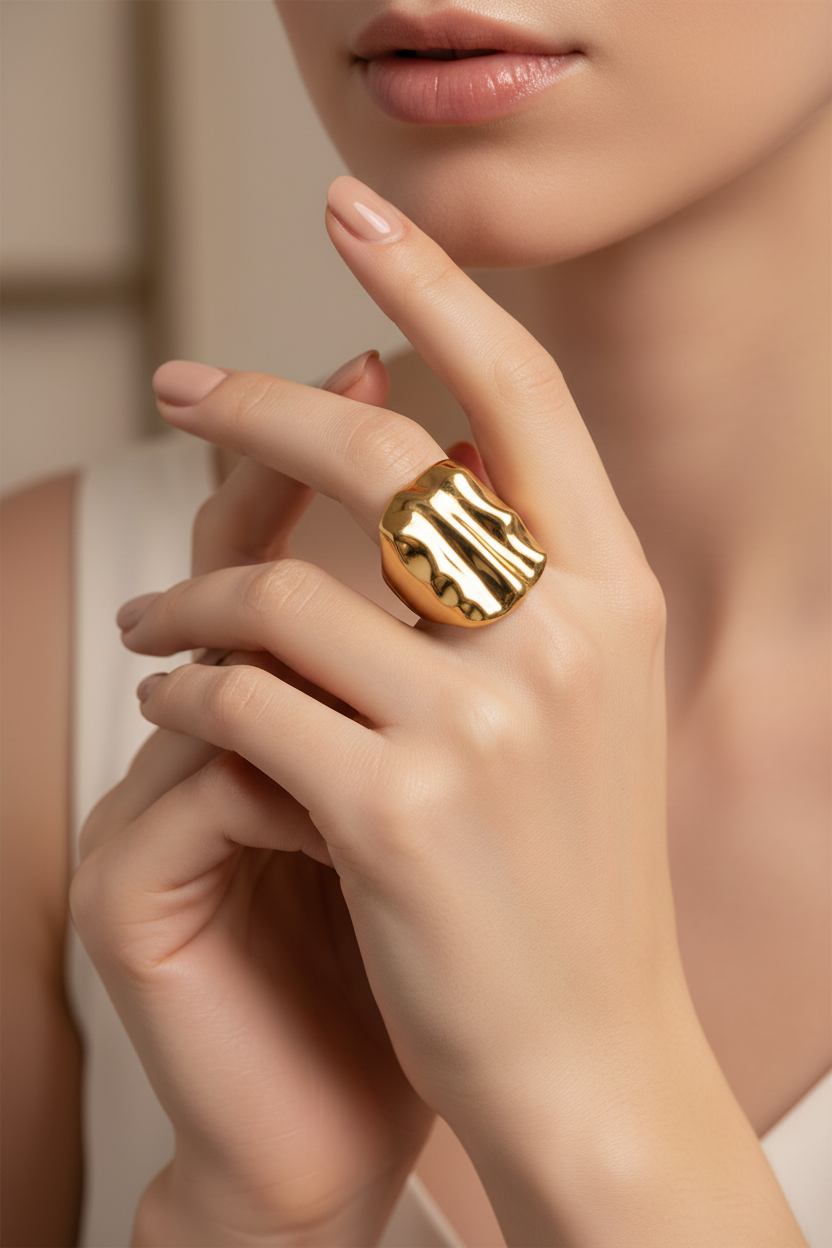 Gold Chunky Square Signet Ring – White Model Campaign