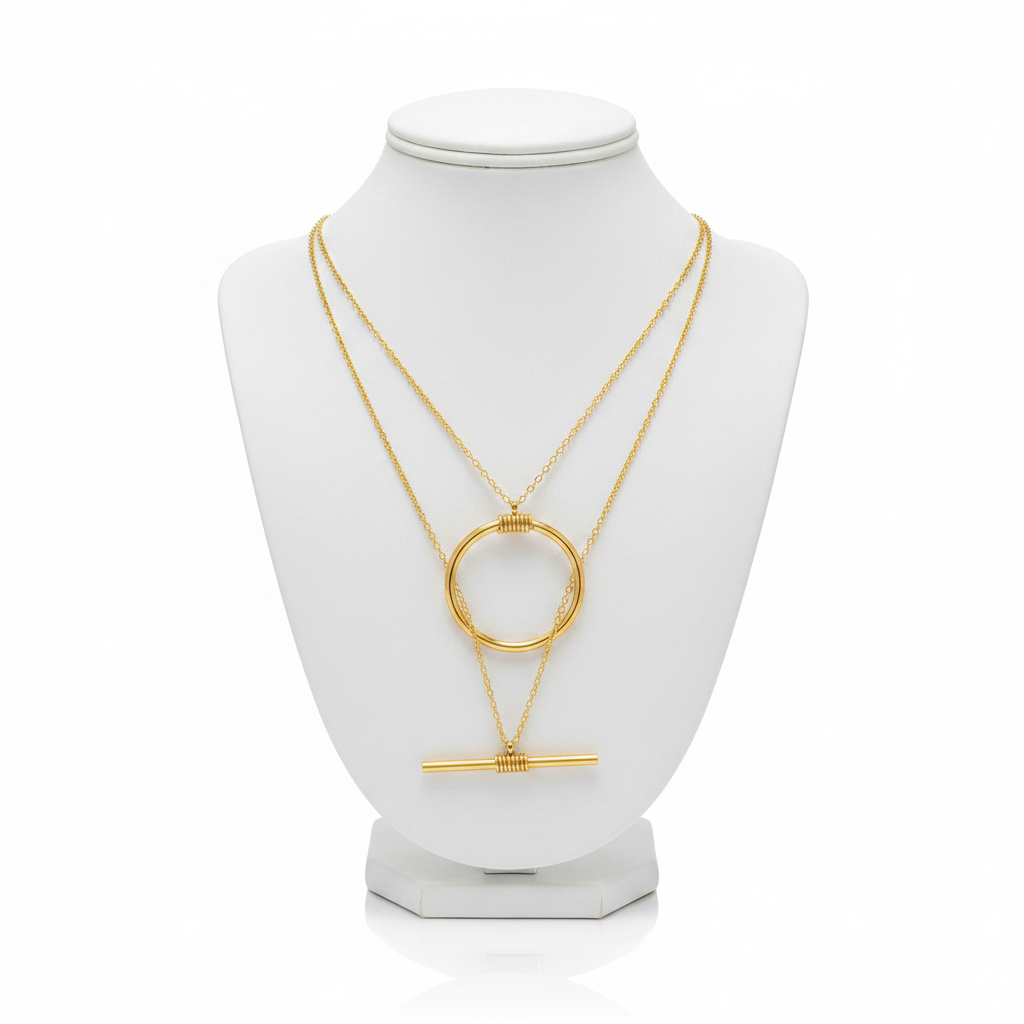 Gold Circle & Bar Necklace - Chains Through Ring