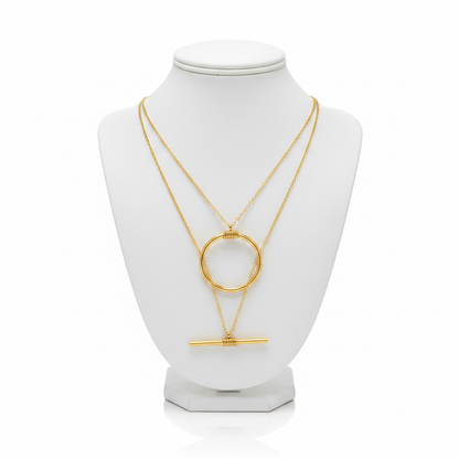 Gold Circle & Bar Necklace - Chains Through Ring