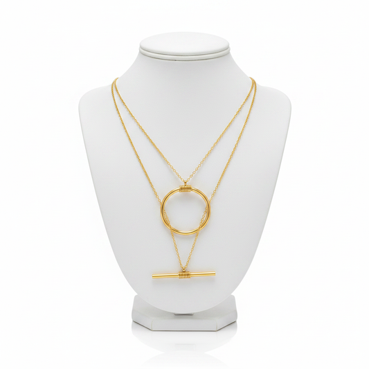 Gold Circle & Bar Necklace - Chains Through Ring
