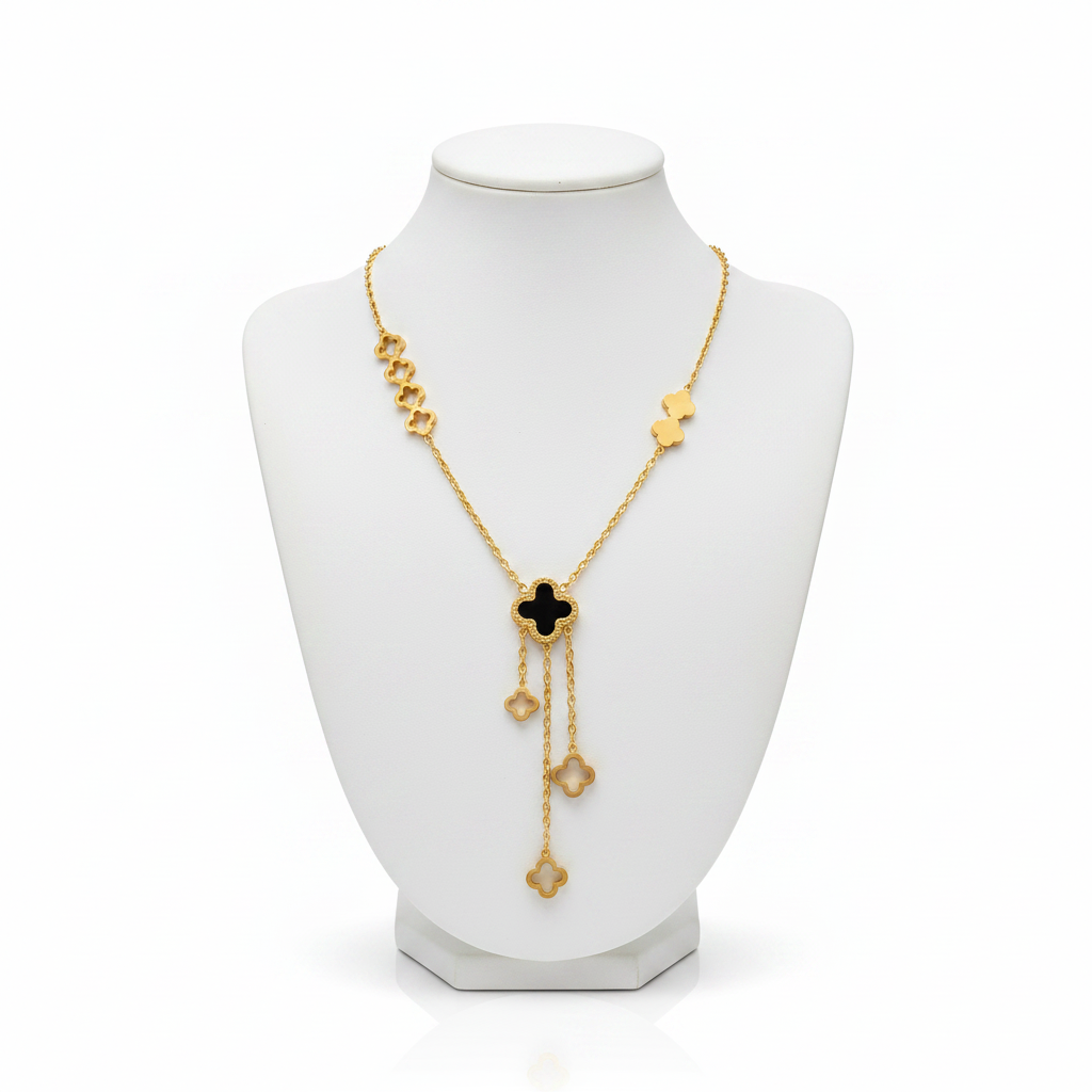 Gold Clover Lariat Necklace - 4 Open Left, 2 Solid Right