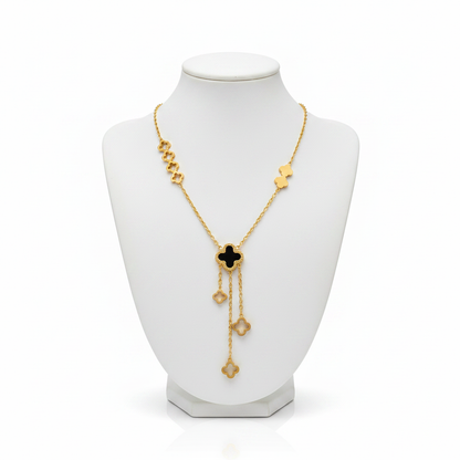 Gold Clover Lariat Necklace - 4 Open Left, 2 Solid Right