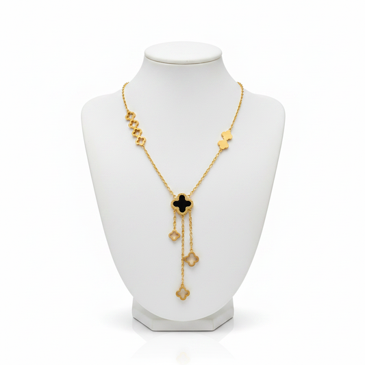 Gold Clover Lariat Necklace - 4 Open Left, 2 Solid Right