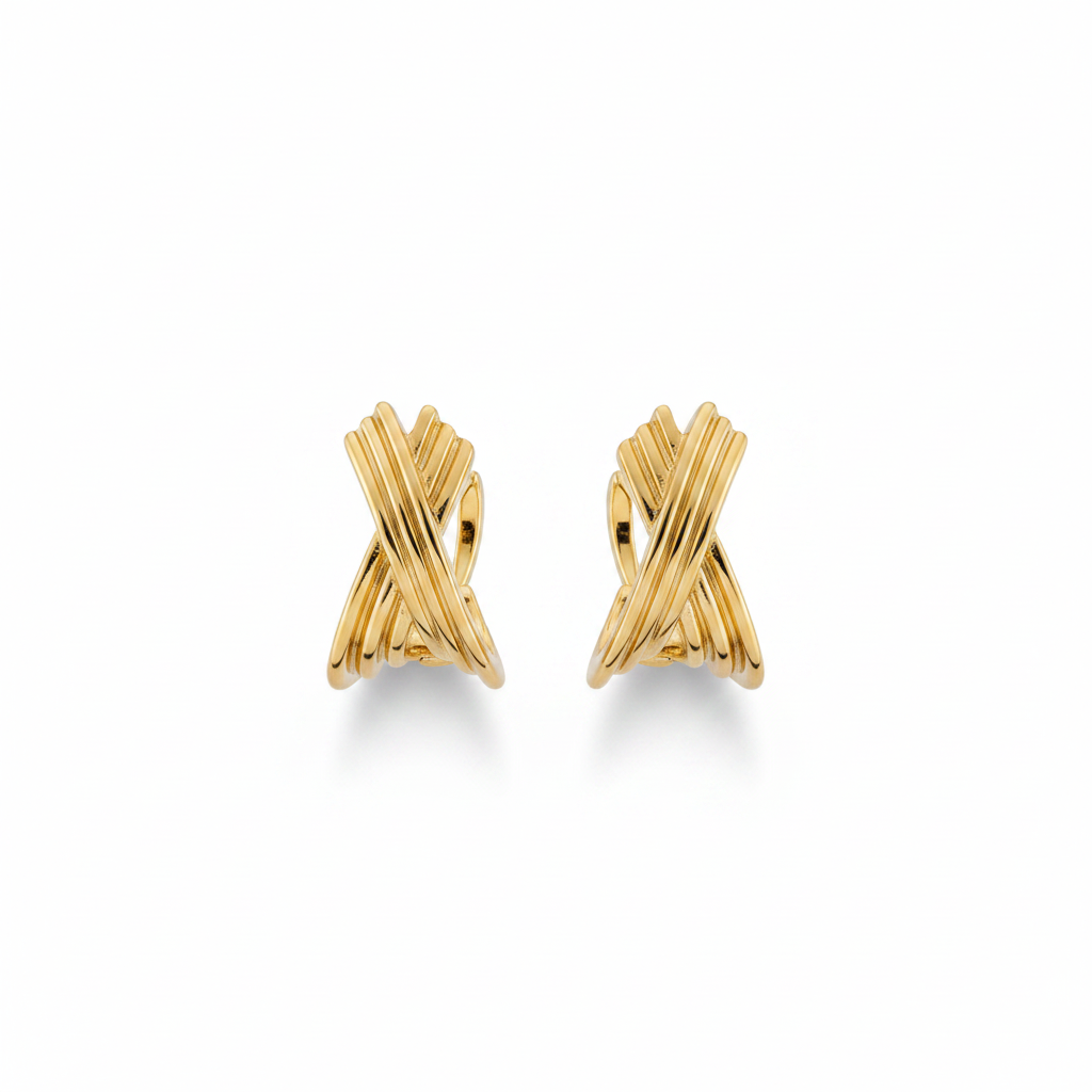 Gold Crossover Ribbed Hoop Earrings – Pure White Background
