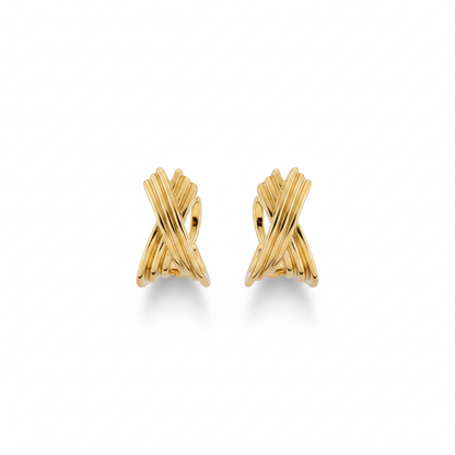 Gold Crossover Ribbed Hoop Earrings – Pure White Background