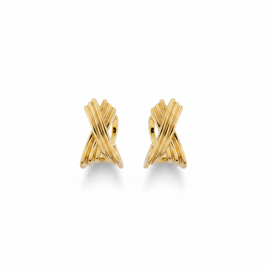 Gold Crossover Ribbed Hoop Earrings – Pure White Background
