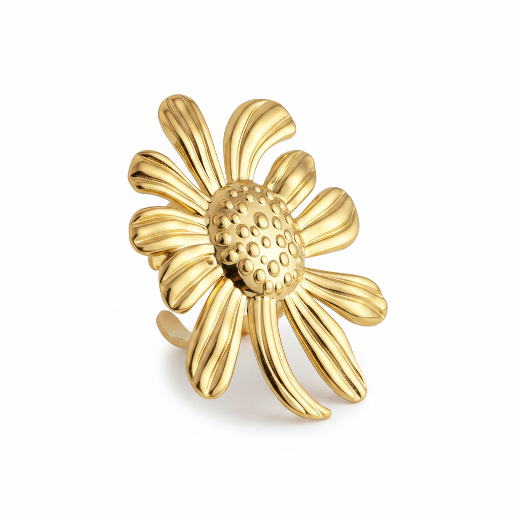 Gold Daisy Flower Ring – Pure White Background
