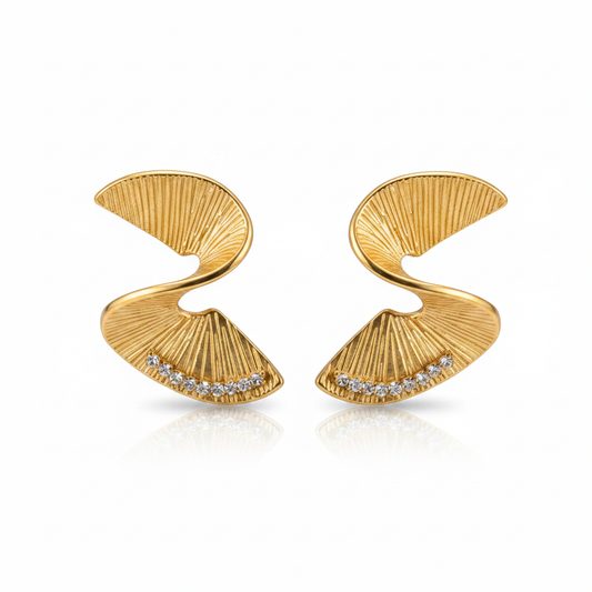 Gold Double Fan Crystal Drop Earrings – Pure White Background