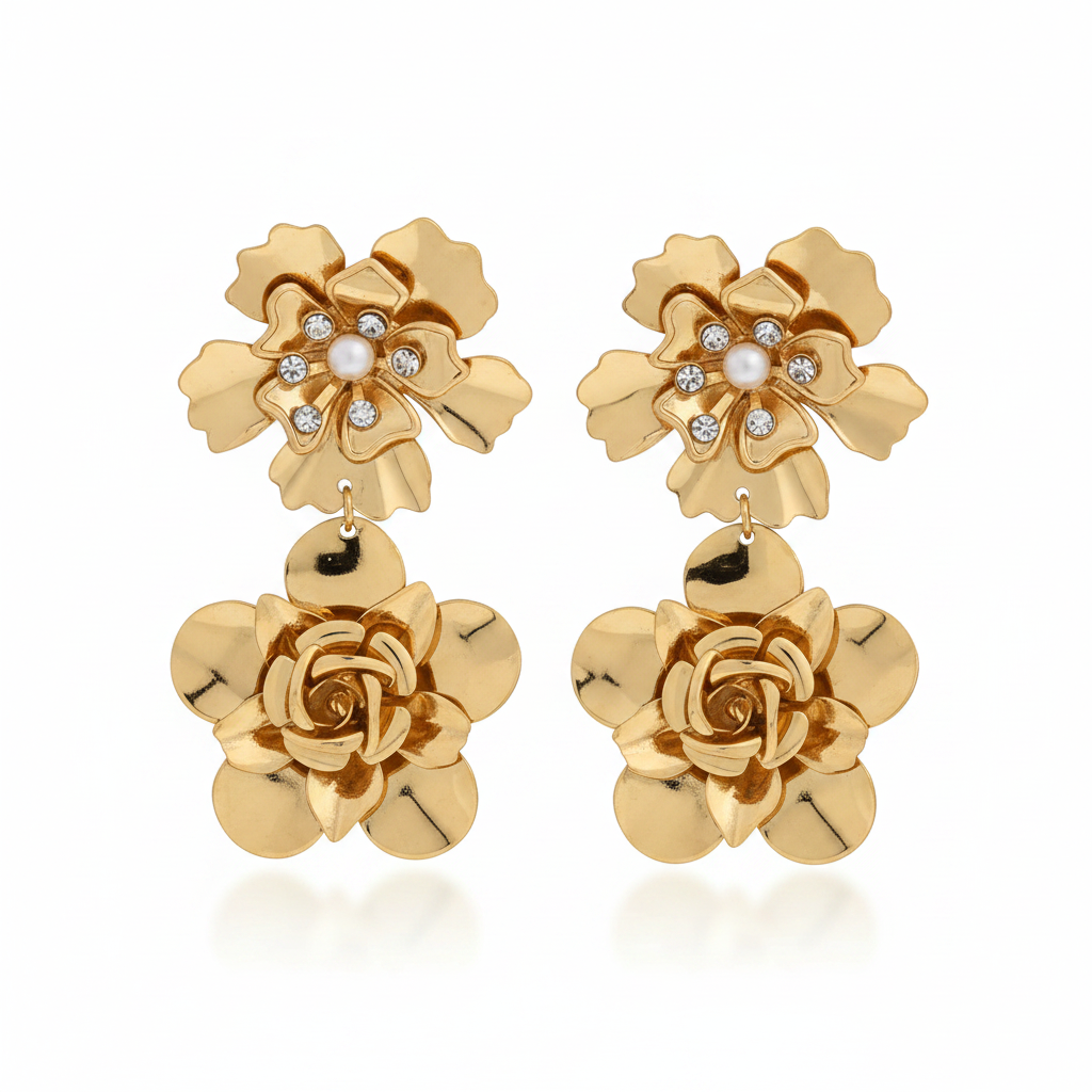 Gold Double Flower Drop Earrings – Pure White Background