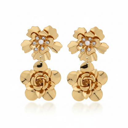 Gold Double Flower Drop Earrings – Pure White Background