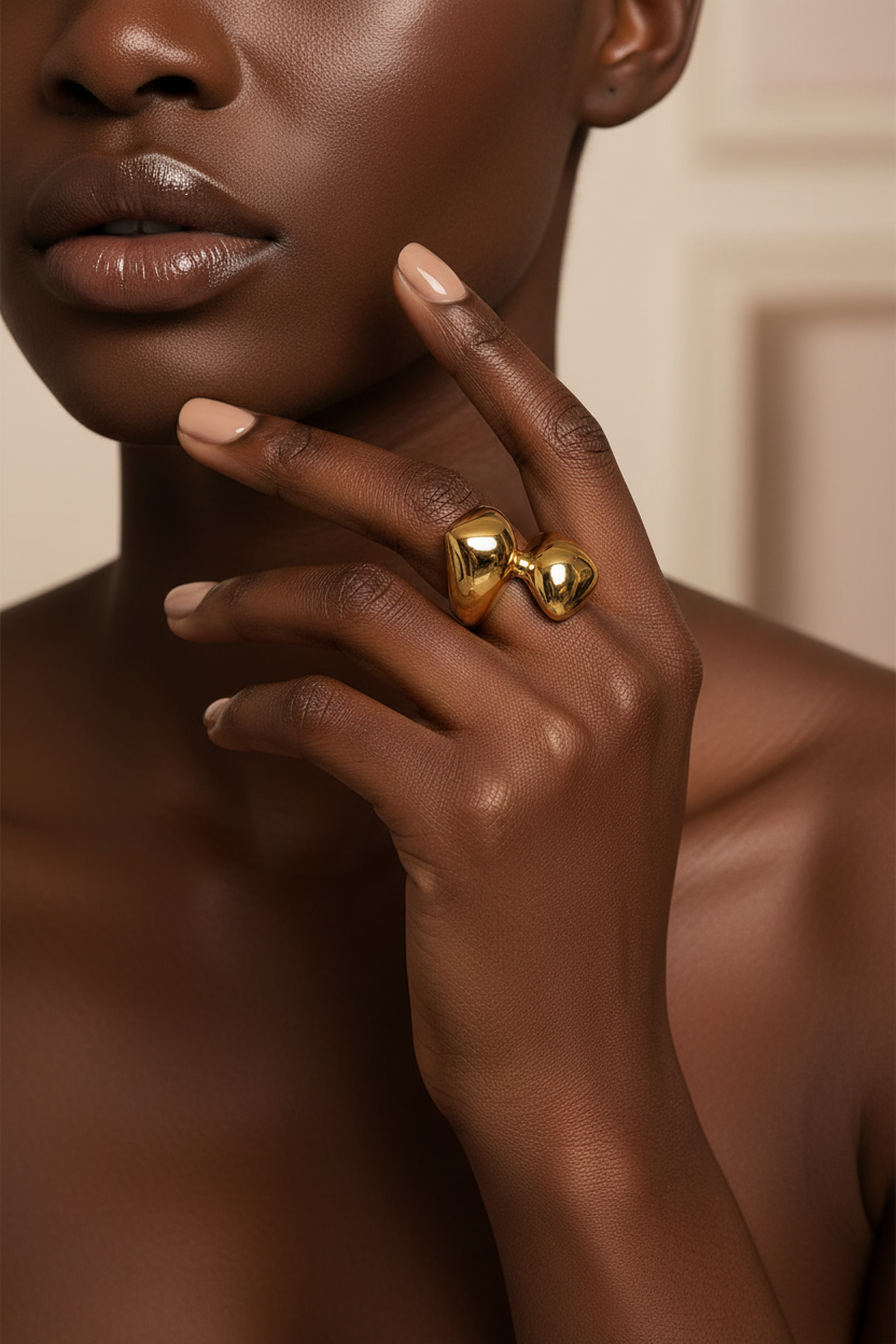 Gold Double Square Dome Ring – Black Model Campaign