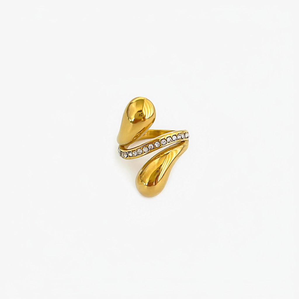 Gold Double Teardrop Crystal Ring – Pure White Background