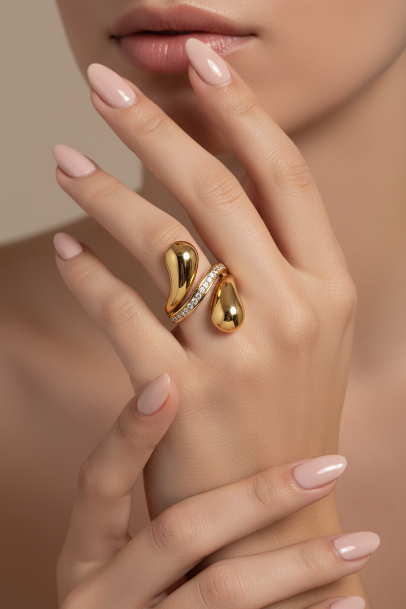 Gold Double Teardrop Crystal Ring – White Model Campaign