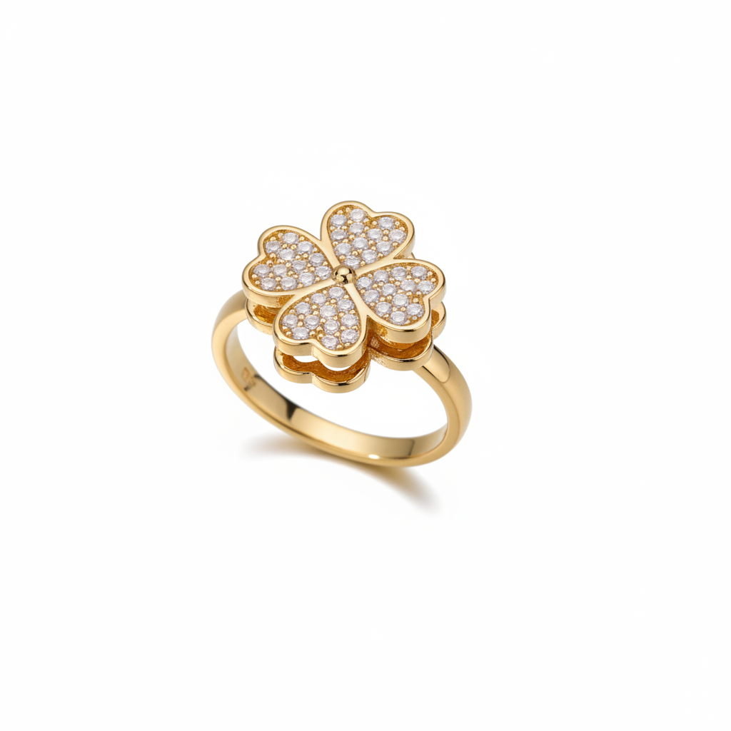 Gold Four-Leaf Clover Ring – Pure White Background