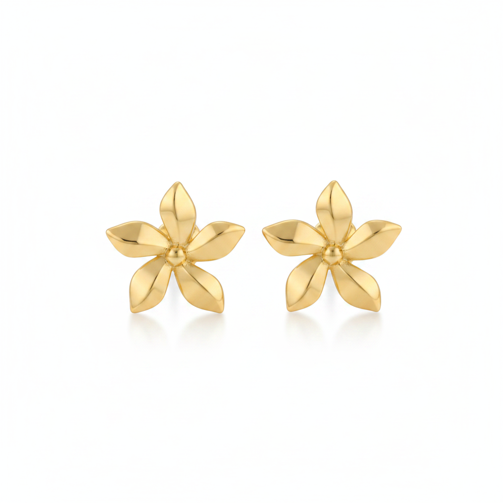 Gold Four-Petal Plumeria Stud Earrings – Pure White Background