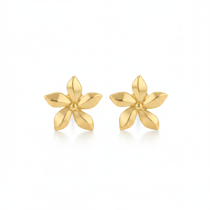 Gold Four-Petal Plumeria Stud Earrings – Pure White Background