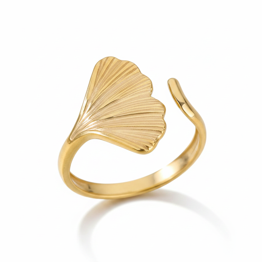Gold Ginkgo Leaf Ring – Pure White Background
