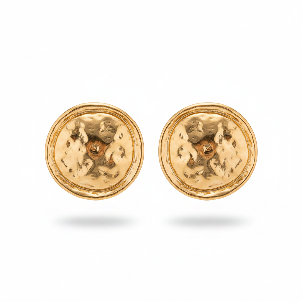 Gold Hammered Dome Disc Earrings – Pure White Background