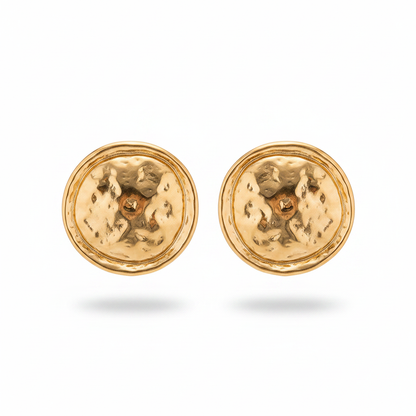 Gold Hammered Dome Disc Earrings – Pure White Background