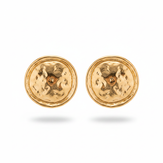 Gold Hammered Dome Disc Earrings – Pure White Background