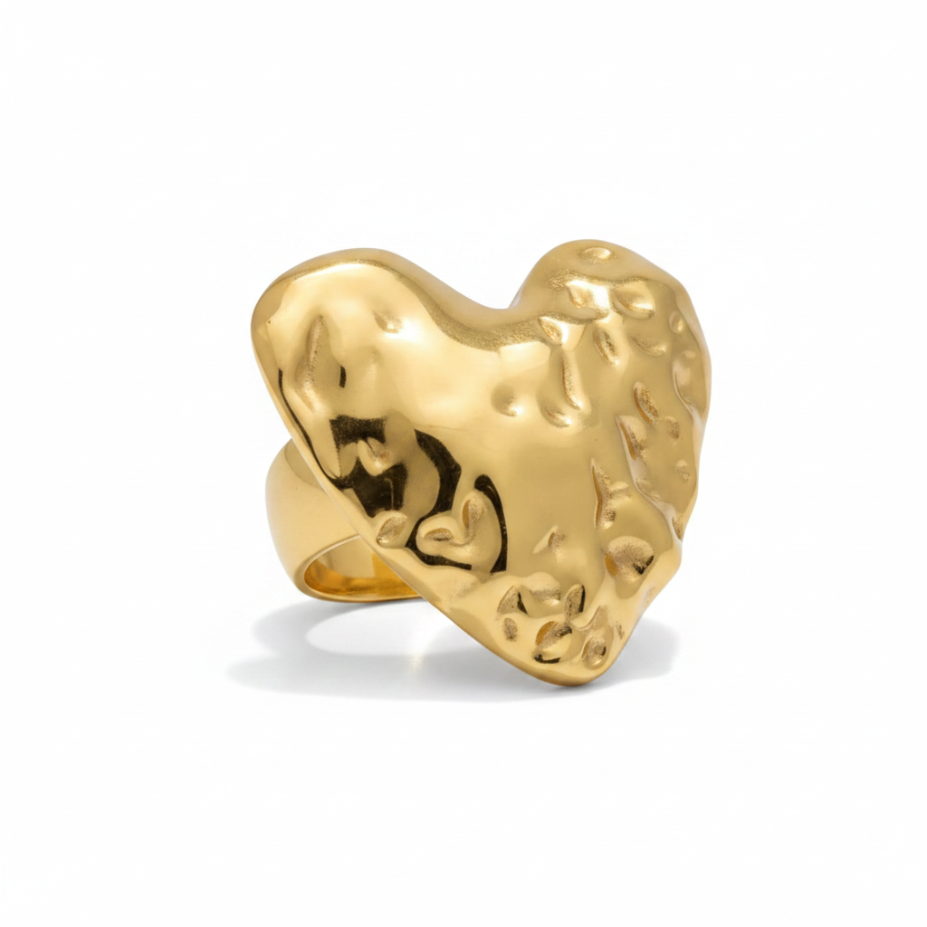 Gold Hammered Heart Ring – Pure White Background