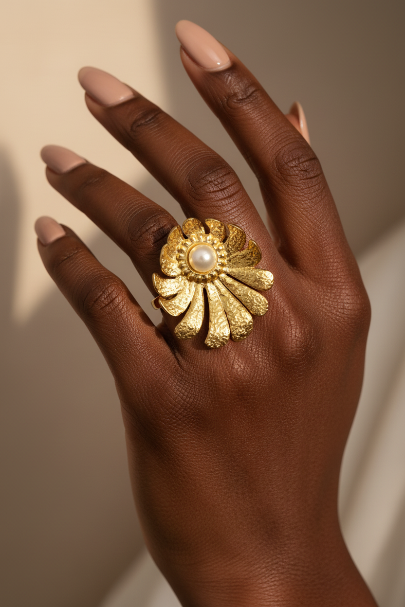 Gold Hammered Sunflower Pearl Ring – Black Model Campaign