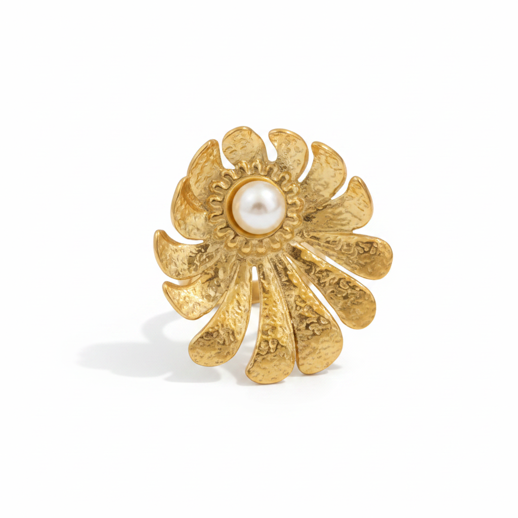 Gold Hammered Sunflower Pearl Ring – Pure White Background