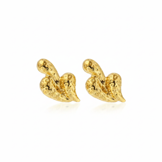 Gold Hammered Teardrop Heart Earrings – Pure White Background