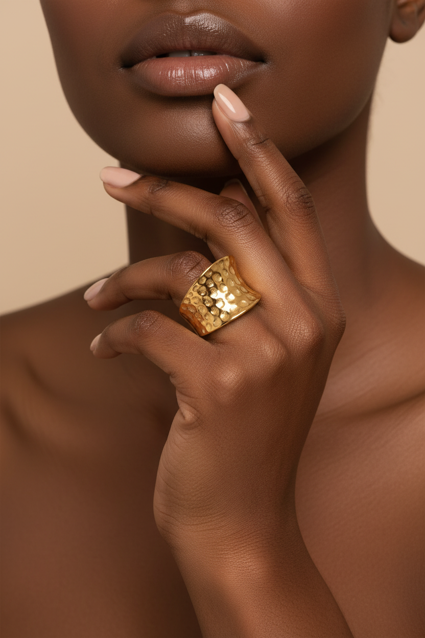 Gold Hammered Wide Band Ring – Black Model Campaign