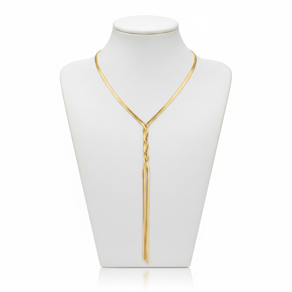 Gold Herringbone Twist Lariat Necklace on White Mannequin