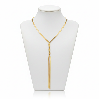 Gold Herringbone Twist Lariat Necklace on White Mannequin