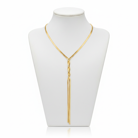 Gold Herringbone Twist Lariat Necklace on White Mannequin