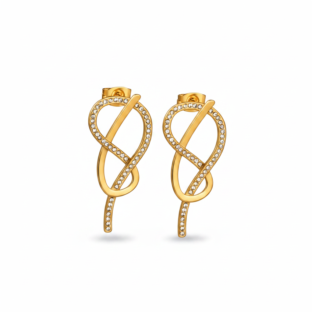 Gold Infinity Knot Pavé Earrings on white background