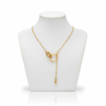 Gold Interlocking Double Ring Lariat Necklace on White Mannequin