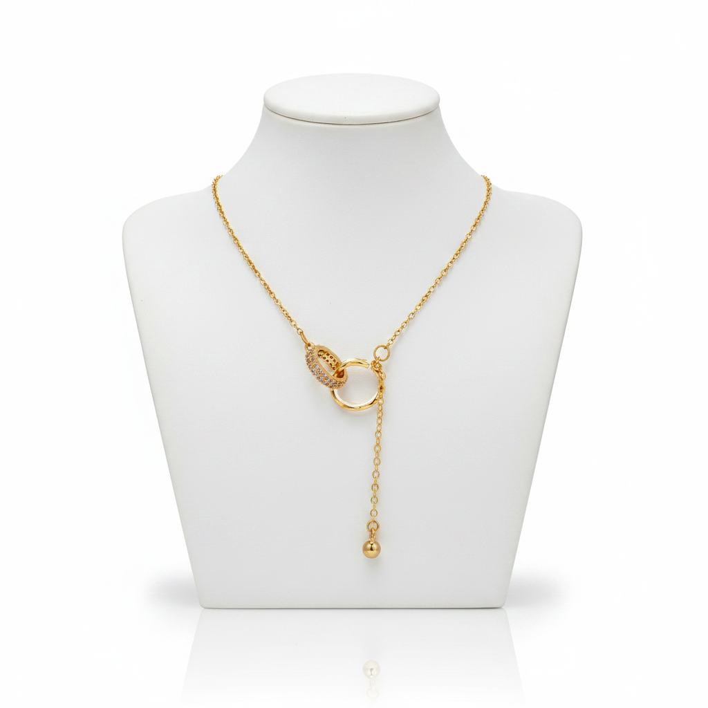 Gold Interlocking Double Ring Lariat Necklace on White Mannequin