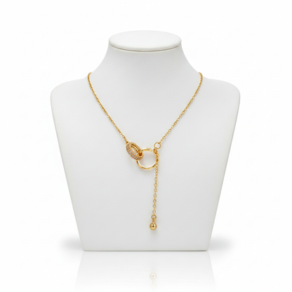 Gold Interlocking Double Ring Lariat Necklace on White Mannequin