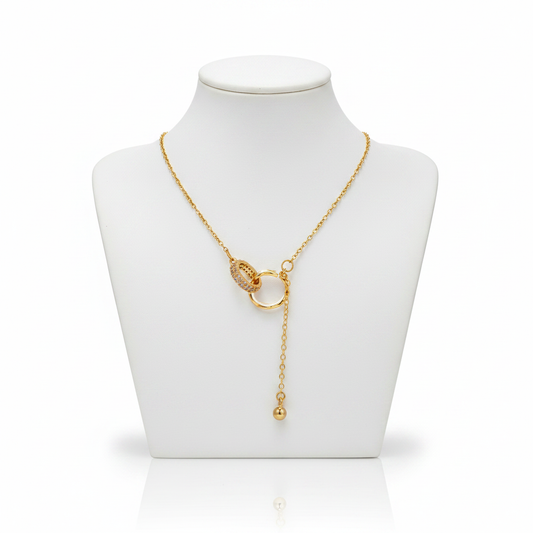 Gold Interlocking Double Ring Lariat Necklace on White Mannequin