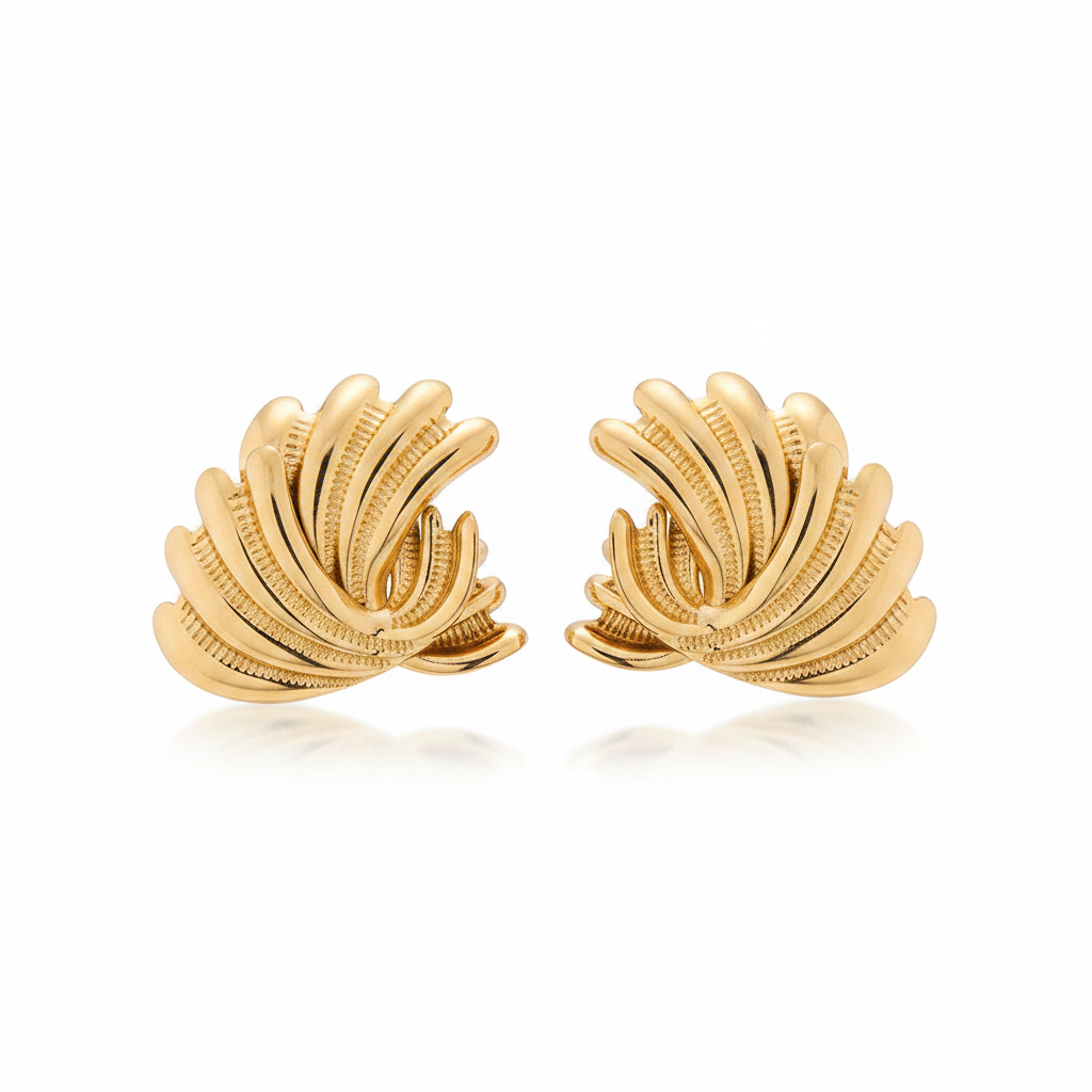 Gold Lotus Fan Stud Earrings – Pure White Background