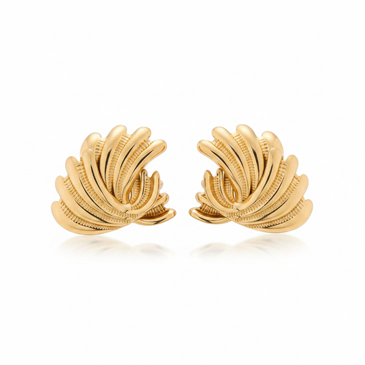 Gold Lotus Fan Stud Earrings – Pure White Background
