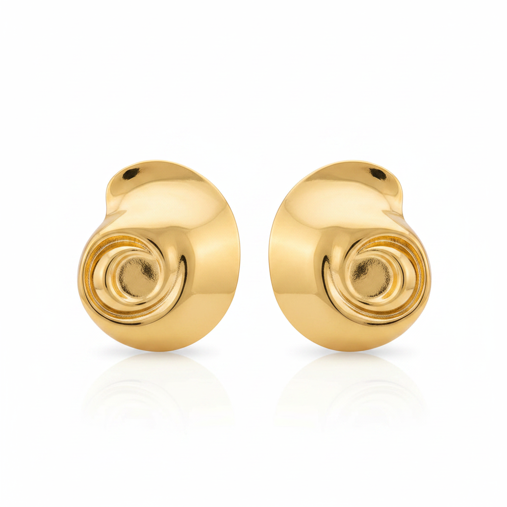 Gold Nautilus Shell Spiral Earrings – Pure White Background