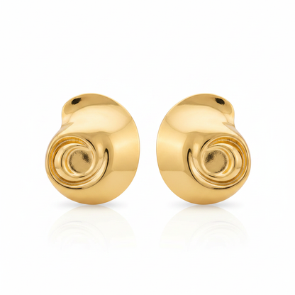 Gold Nautilus Shell Spiral Earrings – Pure White Background