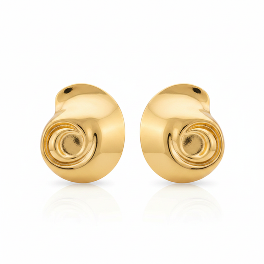 Gold Nautilus Shell Spiral Earrings – Pure White Background
