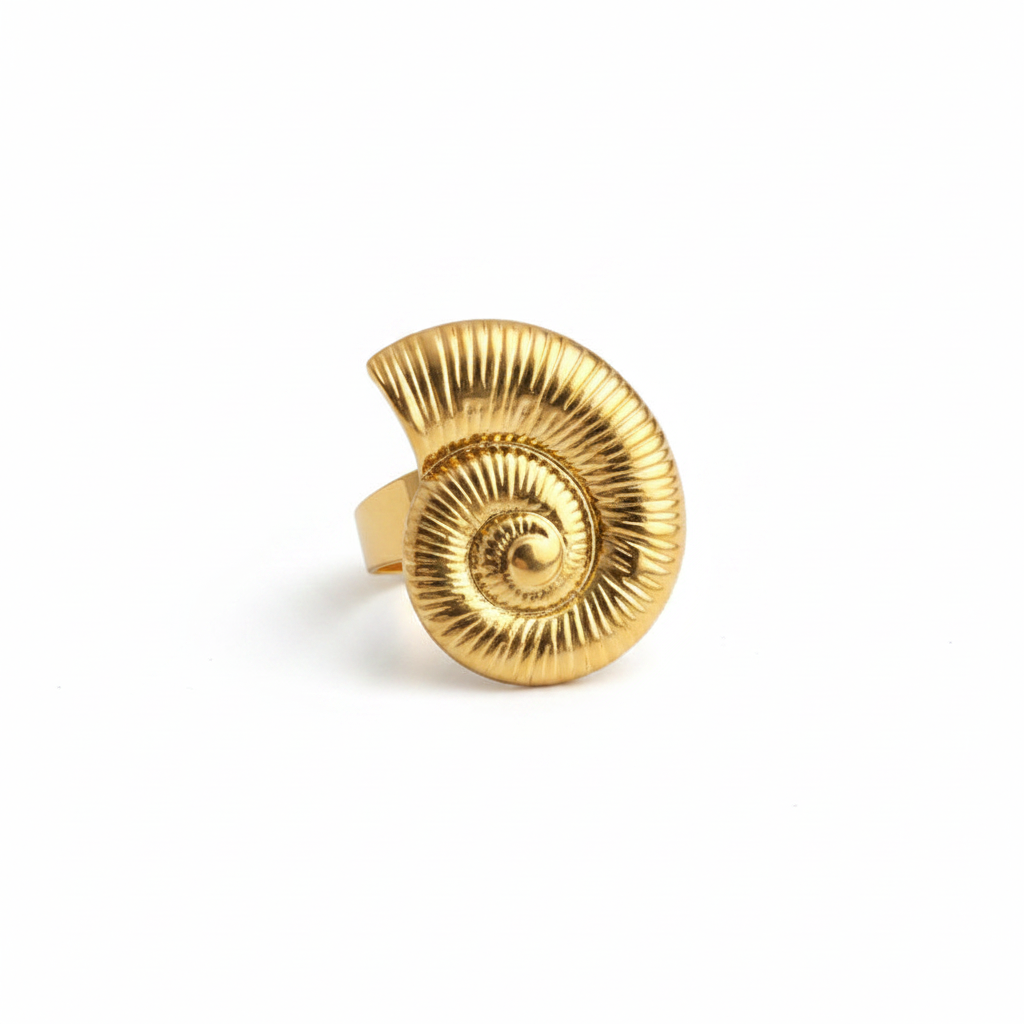 Gold Nautilus Shell Spiral Ring – Pure White Background