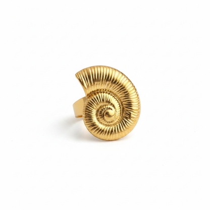 Gold Nautilus Shell Spiral Ring – Pure White Background